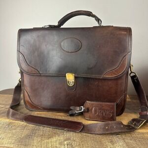 VTG ORVIS Brown Heavy 100% Leather Briefcase Messenger Laptop Document Bag USA